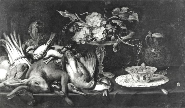 A. C. Cooper — Snyders Frans (cerchia) - sec. XVII - Natura morta con alzata di frutta, ortaggi, selvaggina, tazza con dolci e caffettiera — insieme